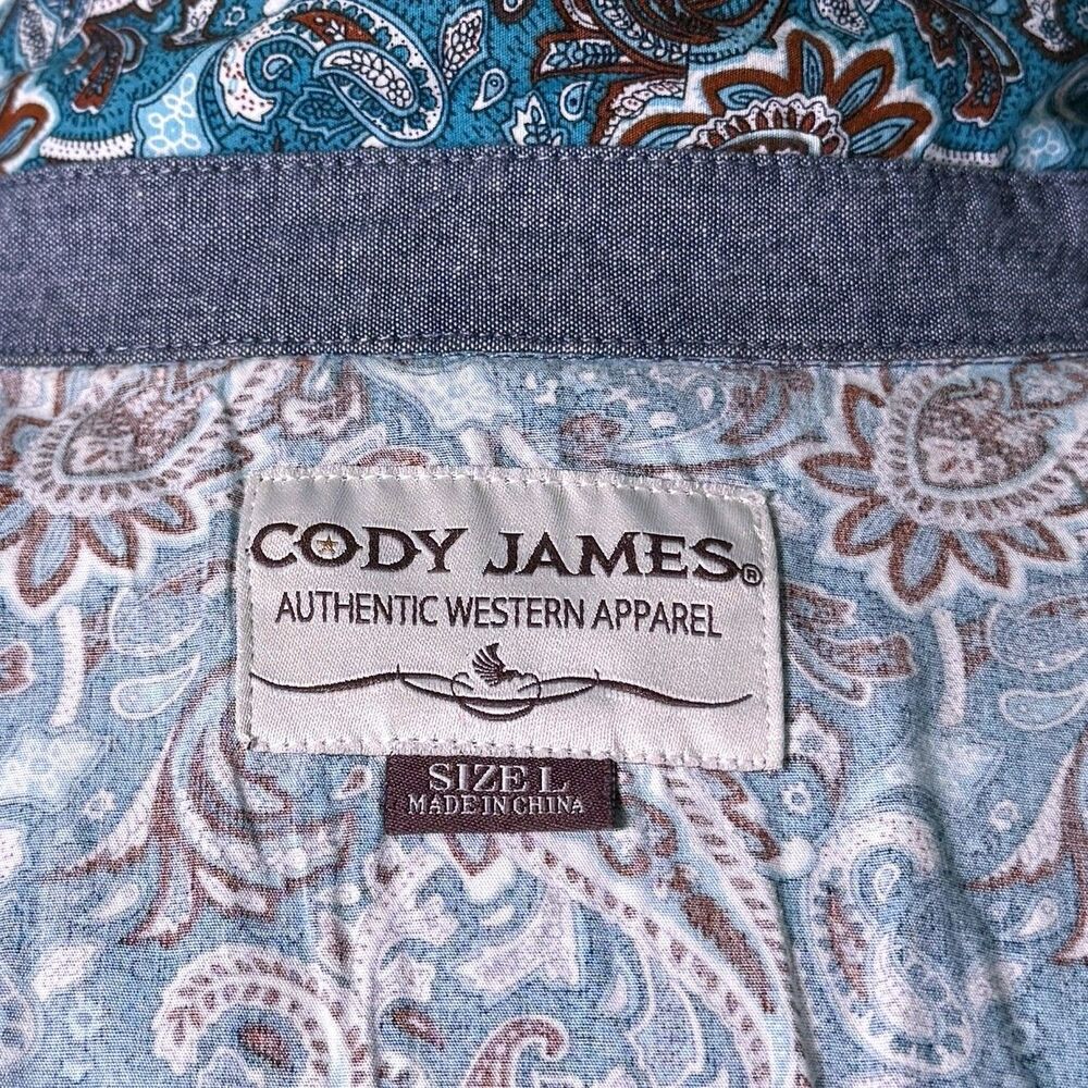 Cody James Mens Large Western Cowboy Snap Button Shirt Turquoise Orange Paisley - Picture 3 of 8